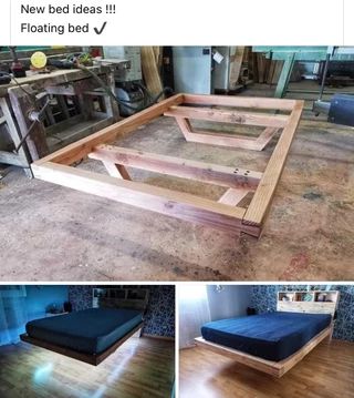 California King Floating Bed Diy, Slide In Room, Platform Floating Bed, How To Build A Floating Bed, Floating Bed Frames, Diy Floating Bed Frame How To Build, Floating Platform Bed Diy, Bedframe Ideas Diy, Floating King Bed