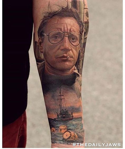 1,539 Likes, 42 Comments - The Daily Jaws (@thedailyjaws) on Instagram: “JUST TOO AMAZING! We've seen many Jaws tattoos but this one is incredible. So accurate and…” Jaws Tattoo, Aliens Movie Art, Shark Jaws Tattoo, Surrealism Tattoos, Quotes From Movies, Boat Tattoo, Tattoos Quotes, Octopus Tattoo Design, Jaws Movie