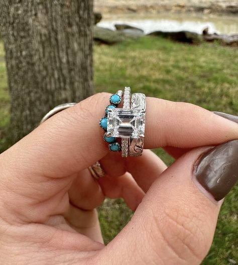 Emerald Cut Engagement Ring With Turquoise, Wedding Ring With Turquoise Stacker, Big Western Wedding Rings, Wedding Rings With Turquoise Band, Oval Western Wedding Rings, Unique Engagement Rings Western, Western Engagement Rings Turquoise Wedding Bands, Western Wedding Ring Set, Wedding Ring With Turquoise Band