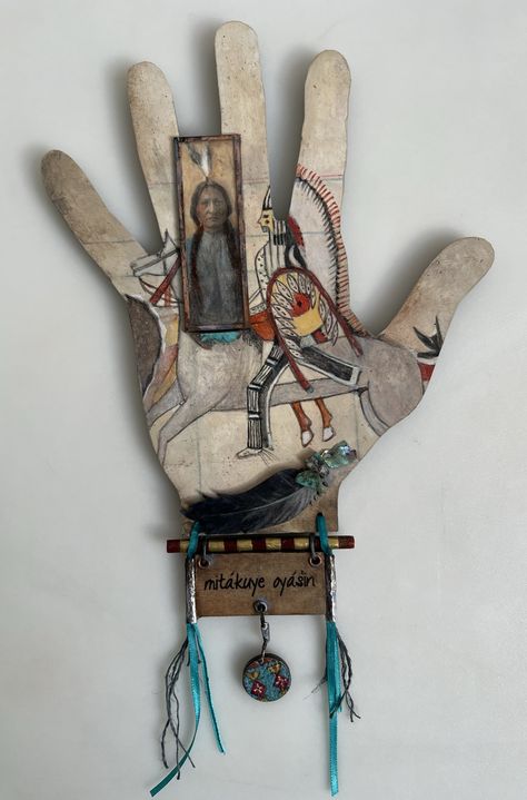 original mixed media painting on hand-shaped wood. Heart Assemblage Art, Found Materials Art, Mixmedia Art Ideas, Ancestry Art, Assemblage Art Collage, Assemblage Art Mixed Media, Art Altéré, Shrines Art, Assemblage Art Dolls