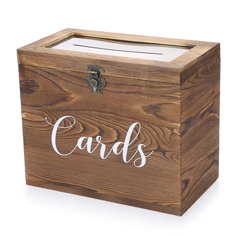 PRICES MAY VARY. Wood Wooden Wedding Card Box measures 30cm x 17cm x 25cm / 11.7" x 6.7" x 9.7", could put in money, envelopes, postcard, photos and mini gifts. Vintage solid wood wedding party guest card holder box with cursive "Cards" lettering, this card holder box is an excellent storage accessory for any wedding, graduation, or special event setting. The hinged lid with an opening and closing latch allows you to easily access the box's contents. This vintage wedding card container box for r Wedding Card Box With Lock, Wedding Card Box Ideas, Wooden Card Box Wedding, Mini Gifts, Wooden Card Box, Money Box Wedding, Box With Lock, Vintage Wedding Cards, Card Box Holder