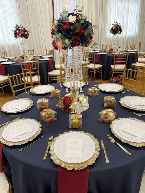 Gold Plate Centerpiece, Navy And Burgundy Centerpieces, Navy Blue Burgundy Wedding Decorations, Navy Blue Burgundy And Gold Wedding, Navy Blue Red And Gold Wedding Table Settings, Navy Burgundy Gold Wedding Centerpieces, Navy Blue And Burgundy Wedding Reception Tables, Navy Blue Burgundy Gold Wedding Tables, Navy Blue Burgundy Gold Wedding Centerpieces