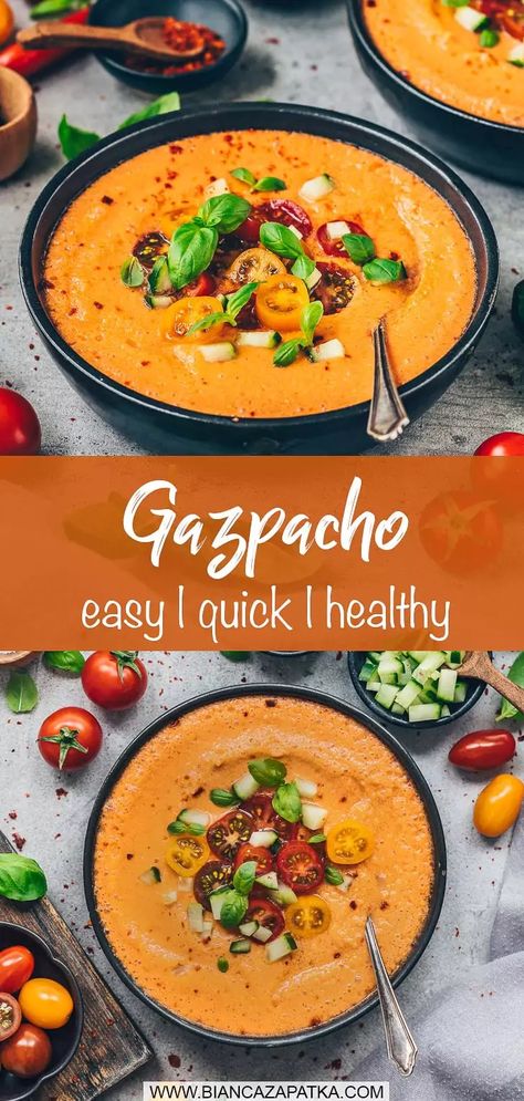 Gazpacho Andaluz is the perfect recipe for hot summer days! This authentic cold tomato soup from Andalusia is refreshing, easy to make and full of flavor. #tomato #gazpacho #soup #spanish #cucumber #vegetables #easyrecipes #recipes #food #vegan #diet #healthyrecipes | biancazapatka.com Authentic Gazpacho Recipe, Cold Tomato Soup, Lentil Potato Soup, Heathly Recipes, Cold Soup Recipes, Vegan Bbq Recipes, Tomato Gazpacho, Gazpacho Soup, Cream Of Asparagus Soup