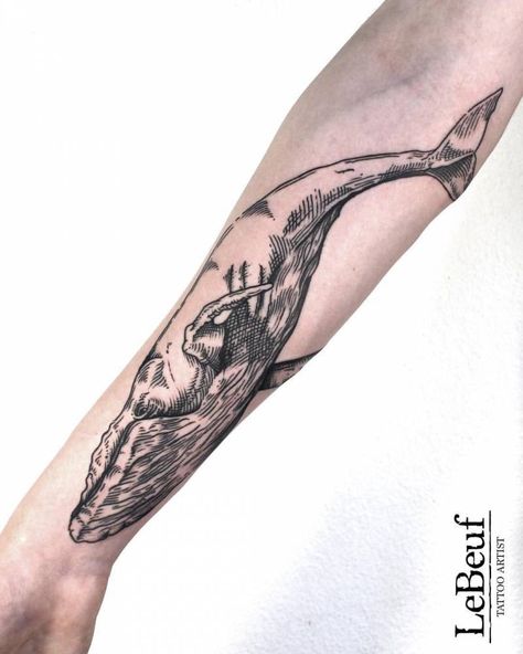 Woodcut style whale tattoo on the right forearm by Loïc Lebeuf Humpback Whale Tattoo, Shoulder Armor Tattoo, Forearm Tattoo Quotes, Etching Tattoo, Whale Tattoo, Woodcut Tattoo, Engraving Tattoo, Traditional Style Tattoo, Armor Tattoo