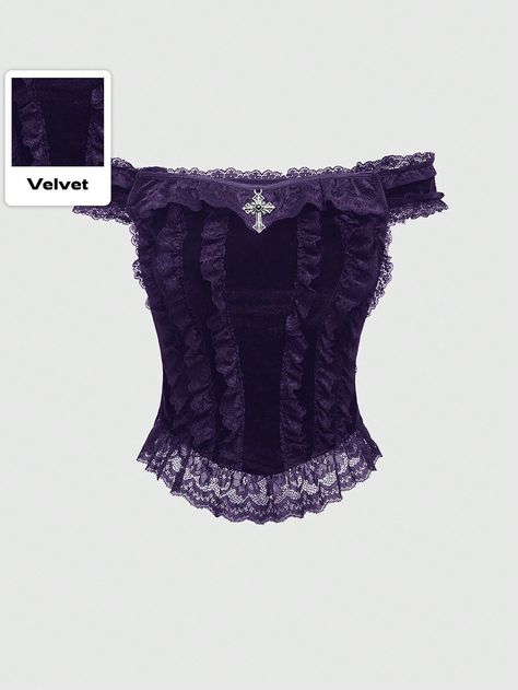 Gothic Style Cross Decor Lace Patchwork Velvet Off Shoulder Blouse For Women Purple Elegant  Short Sleeve Knitted Fabric Colorblock,Plain  Non-Stretch  Women Clothing, size features are:Bust: ,Length: ,Sleeve Length: Gothic Lace Fabric, Whimsy Goth Clothes, Purple Goth Outfits, Goth Blouse, Dark Purple Top, Patchwork Velvet, Purple Clothes, Purple Goth, Purple Gothic