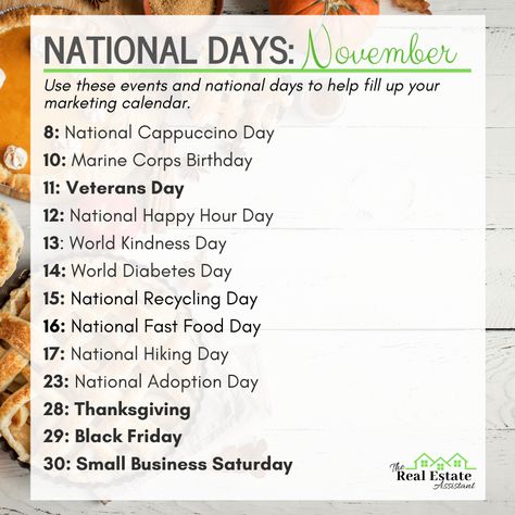 Keep your marketing calendar full with these November national days. National November Days, November Special Days, November Office Activities, National Days In November, November Celebrations, November National Days, November Things, National Celebration Days, Monthly Holidays