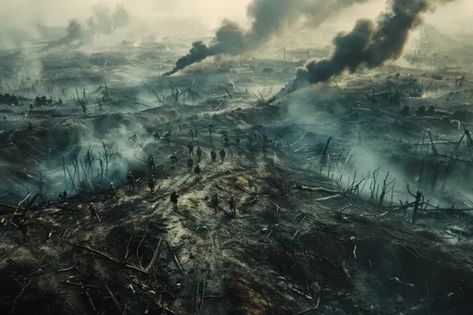 ↑↑↑ Larger size on website 🔸 A desolate battlefield stretches out before us, shrouded in smoke and dust. The ground is littered w 🔸 From Midjourney AI Image Group Of Soldiers, Battle Field, Design Journal, Battle Ground, Small Group, Battlefield, Book Aesthetic, Anime Funny, Soldier