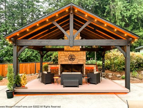 Gazebo With Waterfall, Timber Pavilion Design, Outdoor Pavillion Design, Backyard Gazebo Outdoor Pavilion, Outdoor Pavilion With Fireplace, Barndo Porch, Outdoor Pavillion Ideas, Wooden Gazebo Ideas, Timber Gazebo