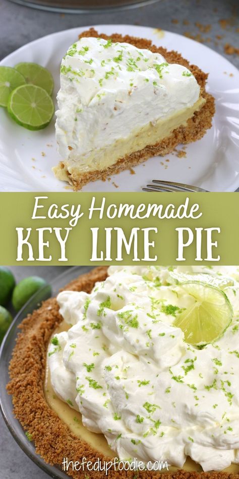 One of the easiest desserts for Summer and Thanksgiving, this Key Lime Pie recipe has a sweet and tangy key lime custard inside a crunchy graham and coconut crust and is topped with a fluffy lime whipped cream. This is the perfect dessert for anyone who loves citrus. #KeyLimePie #KeyLimeDesserts #LimePieRecipe #EasyKeyLimePie #EasyKeyLimePieRecipeCondensedMilk #BestKeyLimePie #KeyLimePieEasy Homemade Key Lime Pie Recipe, Key Lime Custard, Lime Whipped Cream, Homemade Key Lime Pie, Lime Custard, Coconut Crust, Desserts For Summer, Easiest Desserts, Key Lime Desserts