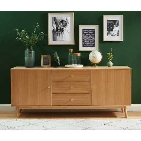 MARCEL sideboard - Structure in MDF - Covering in oak veneer 6mm thick and melamine - 4 legs in solid wood - 2 doors and 3 drawers - Solid wood handles - Dimensions : L180 x D40 x H75cm Design, Sideboard, Home Décor, Furniture, Buffet Vintage, Buffet Design, Credenza, Vintage Design, Home Decor