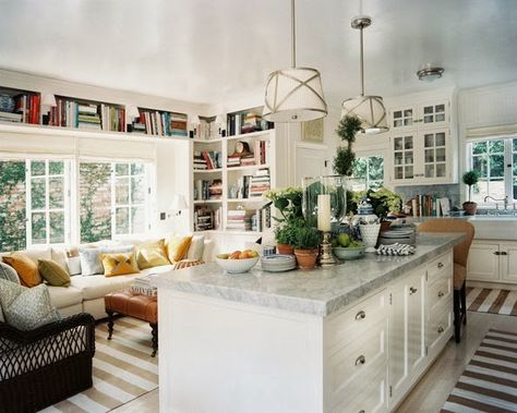 Love this kitchen sitting area - great spot for a cup of coffee (or a cocktail.)   Color Outside the Lines: Twenty Questions with Mark D. Sikes Modern Family, Kitchen Sitting Area, Kitchen Island Tops, Mediterranean Kitchen, Cozy Kitchen, Kitchen Farmhouse, Family Kitchen, Kitchen Photos, Küchen Design