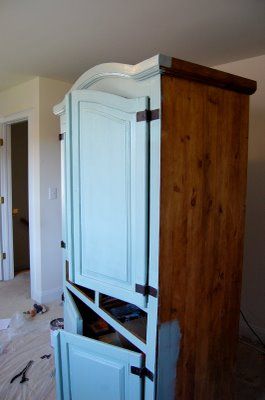 Painting Pine Furniture Painted Mexican Pine Furniture Rustic, Upcycling, Organisation, Armoire Refinishing Ideas, Light Blue Painted Armoire, Pine Armoire Makeover, Refinish Armoire Ideas, Farmhouse Armoire Makeover, Painted Armoire Ideas Before After