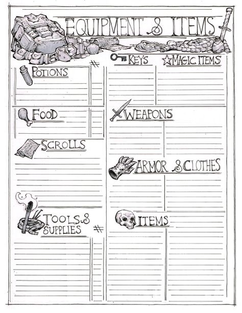 Max Dunbar on X: "Spent way too long today doodling away on this items sheet for my D&D stuff. It's pretty janky, but feel free to use it if you think it would be handy! #dnd https://t.co/j69Ny49l0R" / X Dnd Character Sheet Artificer, Dnd Character Book Diy, Dnd Equipment Sheet, Dnd Sheet Template, Dnd Character Journal Diy, Dnd Session Notes Template, Dnd Character Journal Ideas, Dnd Journal Pages, Dnd Character Sheet Printable Free