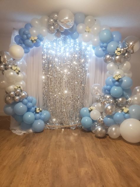 Ice Blue Birthday Theme, Winter Theme Sweet 16 Wonderland, Sky Blue Theme Birthday Party, Winterwonder Land Theme Sweet 16, Light Blue And Silver Party Decorations, Sweet 16 Decorations Light Blue, Sky Blue Sweet 16 Decorations, Sweet 16 Party Decorations Ideas Blue, Light Blue And Silver Sweet 16