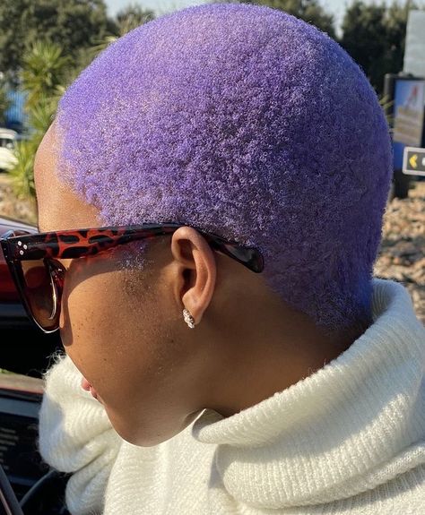 Purple Buzzcut Black Women, Lavender Twa Hair, Dyed Hair For Black Women Short Hair, Lavender Buzzcut, Purple Hair Color Ideas For Short Hair, Lavender Short Hair, Grey Purple Hair, Purple Dyed Hair, Short Lavender Hair