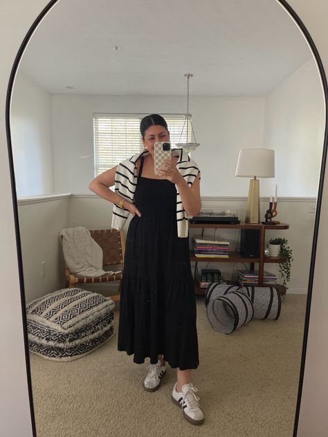 Shop this outfit: black midi dress with striped sweater over the shoulders, adidas sneakers  Summer outfit, casual summer outfit, easy outfit, effortless style Sneakers Summer Outfit, Black Midi Dress Outfit, Midi Dress Outfit, Style Goals, Easy Outfit, Summer Sneakers, Outfit Black, Stripe Dress, Black Midi