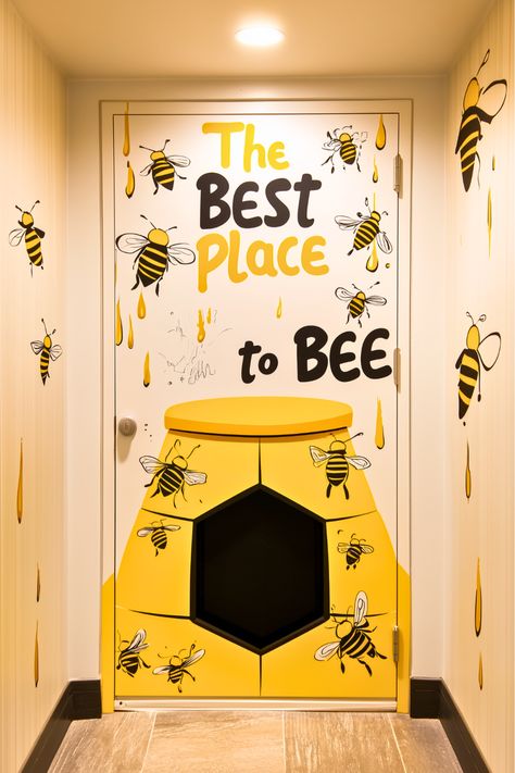 Looking for a buzzing way to decorate your door this spring? I adore this creative bee-themed idea with bees “flying” to a hive on the door. It’s simple yet so fun, and the best part is how it ties the hallway into the design! This easy classroom decor is perfect for preschoolers or older kids alike. Let’s make your classroom door come alive with bees this spring! Classroom Themes Bees, How To Decorate Classroom Door, Honey Bee Classroom Decor, Bee Hive Classroom Theme, Bee Theme Classroom Ideas, Bee Signs Ideas, Classroom Door Decoration Ideas Creative, Spring Classroom Door Ideas, Classroom Door Design