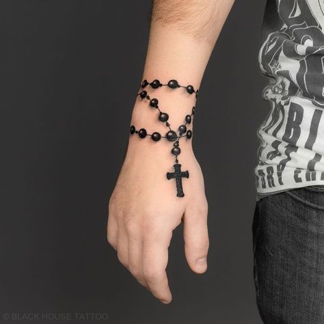 Mens Rosary Tattoo, Rosary Design Tattoo, Rosary Tattoo For Men Arm, Rosary Around Wrist Tattoo, Hand Wrist Tattoo Men, Rosario Tattoo Design, Tattoo Cross Men, Rosary Wrist Tattoo, Rosery Beads Tattoo