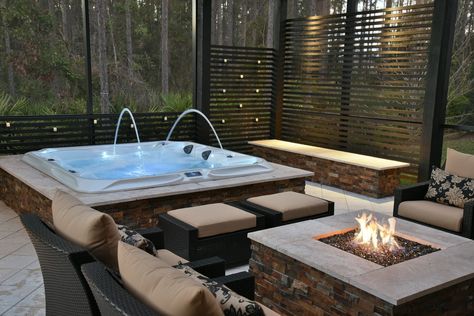 Spa And Fire Pit Ideas, Outdoor Kitchen With Hot Tub And Fire Pit, Jacuzzi And Fire Pit Outdoor Ideas, Fire Pit And Jacuzzi Ideas, Sunken Jacuzzi Outdoor, Backyard With Spa And Fire Pit, Outdoor Kitchen With Jacuzzi, Jacuzzi Spa Outdoor, Outdoor Jaccuzi Design