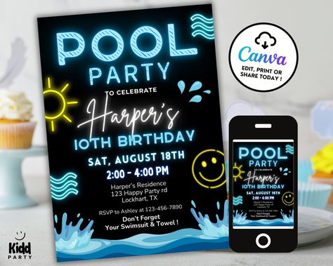 Neon Pool Party Birthday Invitation, Boy Pool Party Invite, Tropical Birthday Evite, Glow Summer Pool Party Invitation, Kid Pool Party PP9 Kids Pool Party Invitations, Pool Party Boys Birthday, Pool Party For Boys, Pool Party Invitations For Kids, Neon Pool Party, Boy Pool Party, Neon Pool Parties, Pool Party Invite, Pool Party Kids