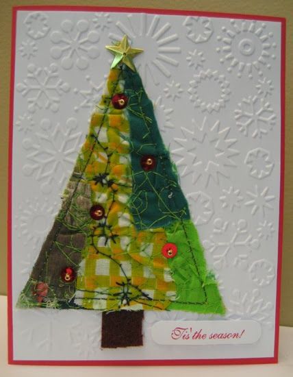 ART - just do it!: Fabric collage Christmas cards Collage Christmas Cards, Postcard Quilts, Christmas Card Collage, Fabric Christmas Cards, Collage Christmas, Holiday Finds, Christmas Quilting, Christmas Sewing Projects, Birthday Card Funny