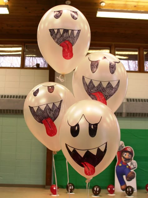 Super Mario party - ghost balloons Ghost Balloons, Mario Kart Party, Mario Bros Birthday Party Ideas, Nintendo Party, 4de Verjaardag, Super Mario Bros Birthday Party, Super Mario Bros Party, Mario E Luigi, Mario Bros Birthday