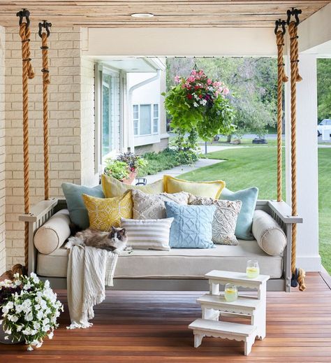 How to Hang a Porch Swing Ranch Exterior Makeover, Wood Window Boxes, Ranch Makeover, French Entry Doors, Front Porch Addition, Brick Planter, Entryway Light Fixtures, Front Porch Steps, Front Porch Swing