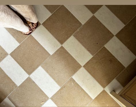 Woven Tile Floor, Toilet Flooring Ideas, Large Floor Tile Bathroom, Small Space Tile Floor, Inexpensive Tile Floor, Checkered Terracotta Floor, Entry Way Tile Ideas Front Door, Beige Checkered Tile Floor, Zellige Tile Shower Wall