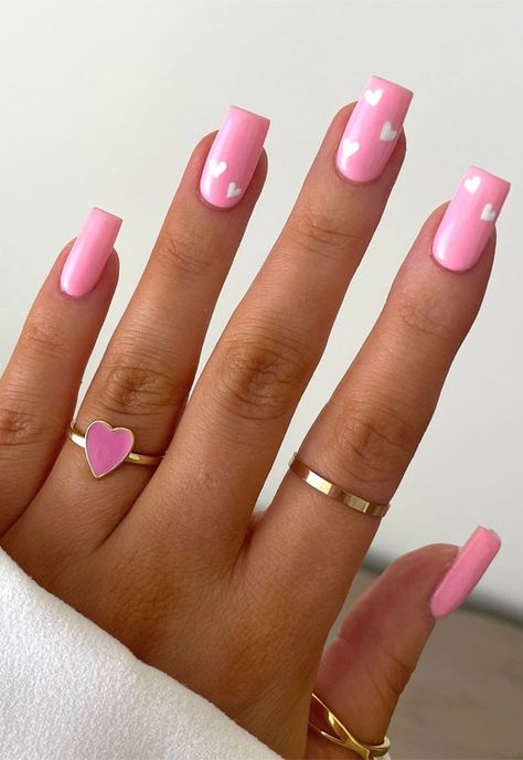 Valentine’s Day Nail Art Collection : Minimal Pink Nails with Love Hearts Pink Nails Love Heart, Pink Hearts Nail Designs, Pink Nails With Love Heart, Pink Nail Designs With Hearts, Love Heart Nail Designs, Nails Pink With Heart, Nails With Love Hearts, Pink Nails Red Heart, Couples Manicure