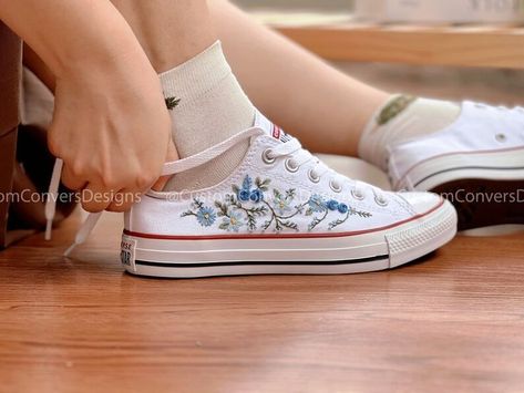 Wedding Converse Low Converse, Blue Chrysanthemum, Converse Embroidery, Converse Chuck Taylor Low, Bridal Converse, Embroidered Sneakers, Custom Wedding Shoes, Embroidered Converse, Wedding Converse