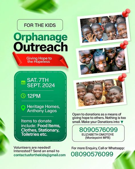 A simple orphanage outreach flyer.   Need a designer for your next design project? Reach out on Whatsapp (+234 7054056978) Orphanage Flyer Design, Donation Flyer Design, Anticipate Flyer Design, Outreach Flyer Design, Fundraising Flyer Design, Orphanage Design, Donation Flyer, Flier Designs, Fundraiser Flyer