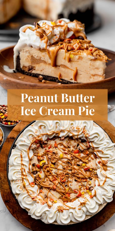 This 6-ingredient peanut butter ice cream pie combines a no-bake Oreo cookie crust, easy peanut butter ice cream filling, and Reese's Pieces. #icecreampie #peanutbutter #summerdesserts #easydesserts Cookies And Cream Ice Cream Pie, Ice Cream Peanut Butter Pie, Ice Cream Pie Recipes, Easy Ice Cream Pie, Peanut Butter Ice Cream Pie, Frozen Peanut Butter Pie, Peanut Butter Ice Cream Cake, Frozen Pies, Peanut Butter Crust