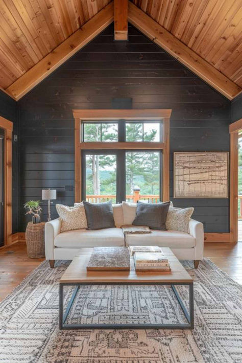 40 Versatile Dark Shiplap Wall Designs for a Sophisticated Home Wood Cladding Ceiling Living Rooms, Half Log Interior Walls, Cabin Knotty Pine Walls, Sunroom With Wood Ceiling, Pine Home Interior, Cedar Vaulted Ceiling, Chalet Home Interior, Stained Paneling Walls, Bead Board And Shiplap Together