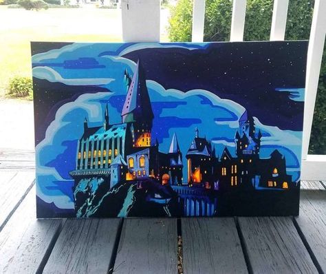 Harry Potter Canvas Painting, Hogwarts Painting, Harry Potter Painting, Harry Potter Artwork, Posca Art, Hogwarts Castle, Harry Potter Drawings, Canvas Drawings, Gouache Art