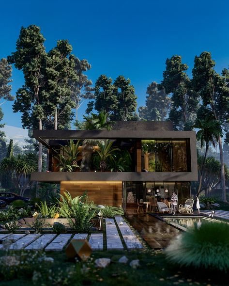 Hugging House: Modern Eco Home with Roof|Visualization Modern Mansion In The Woods, House In The Middle Of The Forest, Beachfront House Exterior, Modern House In Nature, Modern House In The Forest, Modern Village House Design, House In Forest, Eco House Design, Modern Tropical House