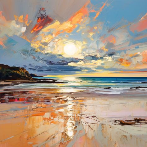 Gullane Beach at sunset | Scotland | Expressionism | Painting | Art Print | 308664_3 -  #308664_3 #Art #Beach #Expressionism #Gullane #Painting #Print #Scotland #Sunset Paintings Of Beaches, Relaxing Paintings, Oil Painting Beginner, Light And Shadow Painting, Ocean Landscape Photography, Abstract Sky Painting, Abstract Seascape Paintings, Beach Abstract Painting, Sunset Beach Painting