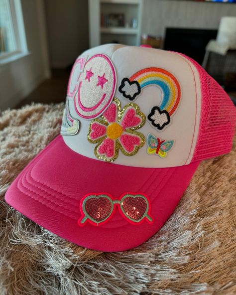 Loved making a little girl’s hat today for sweet Cooper Mae 💖🎀🧃🍬🌈🌸😁 #mamatrucker #truckerhats #truckerstyle #hatbar #patches #patchescustom #style #smalltown #smalltownusa #mama #smallbusinessowner #hats #caps #summer #hatchain #bling #accessories #shopsmall #smallbusiness #shoplocal #homegrown #mini #littlegirlsstyle Trucker Hat Patch Ideas, Four Ever Young Party Theme Boy, Picnic Bday, Classmate Gifts, Preppy Hat, Diy Hats, Cousin Camp, Classmates Gifts, Bling Accessories