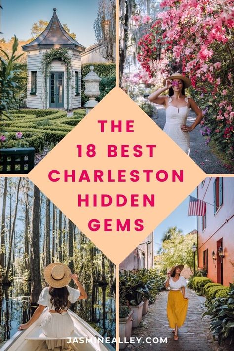 MUST READ if you're heading to Charleston! Here are 18 must-see hidden gems in Charleston! Whether you're looking for gorgeous nature spots or best-kept secrets when it comes to yummy food, this list has it all! When you're planning your Charleston itinerary, don't overlook these Charleston hidden gems. These are some of the best things to do in Charleston! Row through cypress gardens, explore historical plantations off the beaten path, and enjoy afternoon tea in a pink champagne bar! Best Places In Charleston Sc, Hidden Gems In Charleston Sc, Charleston Sc Girls Trip, Things To Do Near Charleston Sc, Bars In Charleston Sc, Best Food In Charleston Sc, 3 Days In Charleston Sc, Best Things To Do In Charleston Sc, Visiting Charleston Sc