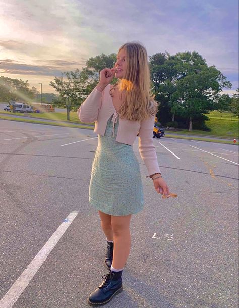 Green dress in parking lot eating bagel Dress And Cardigan Outfit Aesthetic, Short Dress With Cardigan, Cardigan Over Dress Outfit, Tie Cardigan Outfit, Cardigan And Dress Outfit, Outfits With A Tie, Dress With Cardigan Outfit, Dress And Cardigan Outfit, Cardigan Over Dress