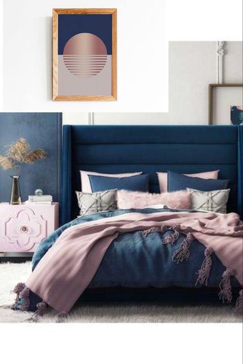 Blue And Pink Bedroom, Blue And Gold Bedroom, Rose Gold Bedroom, Rose Bedroom, Navy Bedrooms, Navy Blue Bedrooms, Gold Bedroom Decor, Garden Retreat, Blue Bedroom Decor