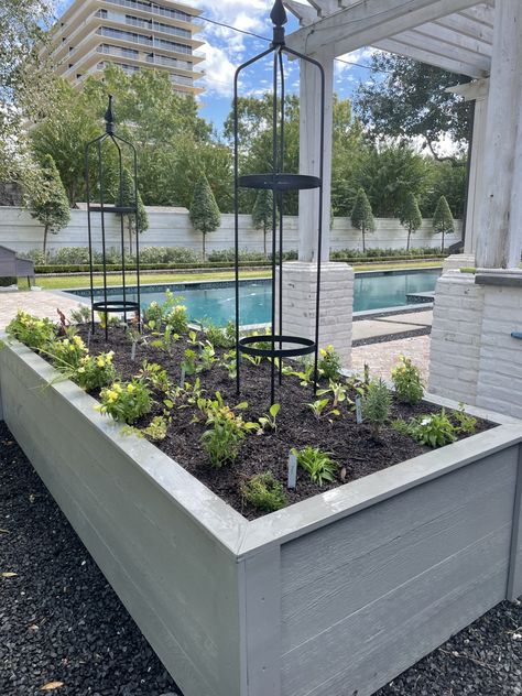 Can You Stain Raised Garden Beds? • Gardenary Garden Beds In Backyard, Aesthetic Raised Garden Beds, Modern Raised Flower Beds, Raised Garden Bed Against House, Pretty Raised Garden Beds, Painted Raised Beds, White Raised Garden Beds, Garden Bed Design Layout, Painted Garden Beds