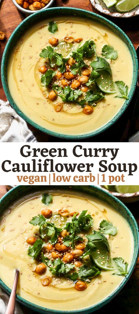 Curry Cauliflower Soup, Cauliflower Soup Vegan, Curry Cauliflower, Clean Eating Soup Recipes, Curried Cauliflower Soup, Vegan Low Carb, Green Curry Recipes, Curried Cauliflower, Soup Vegan