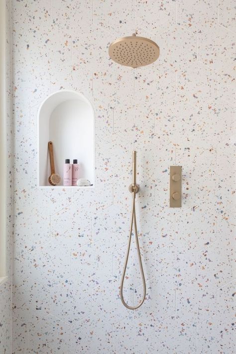 Unveiling the Timeless Charm of Terrazzo: a Guide to the Captivating World of Terrazzo in Interior Design Terrazzo Bathroom, Small Shower Room, Shower Niche, Bathroom Design Decor, Bathroom Inspiration Decor, Girls Bathroom, Bathroom Renos, Kids' Bathroom, Shower Panels