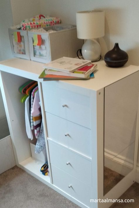 Kallax Montessori wardrobe: IKEA hack made easy | Marta Almansa | Nurse & Author Ikea Standing Shelves, Ikea Kallax Hack Kids Wardrobe, Kallax Hack Nursery, Ikea Kallax Kids Closet, Ikea Kallax Montessori Wardrobe, Ikea Toddler Closet, Montessori Toddler Wardrobe Ikea, Ikea Toddler Wardrobe Hack, Kallax Nursery Ideas