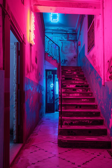 Immerse yourself in the futuristic vibes of Cyberpunk Cuba with this striking artwork. The image depicts a dilapidated corridor with a staircase, bathed in vibrant neon light. The contrast between the worn-down surroundings and the futuristic glow creates a unique blend of past and future, capturing the essence of a cyberpunk dystopia. Explore the intriguing atmosphere of this urban landscape, where every corner tells a story of resilience and innovation. #CyberpunkCuba #NeonLights #RetroFuture Futuristic City Dystopia, Neon Staircase, Cyberpunk Warehouse, Neon Noir Aesthetic, Cyberpunk Store, Cyberpunk Underground, Cyberpunk City Aesthetic, Neon Architecture, Neon Cyberpunk Aesthetic