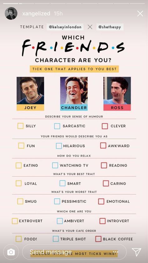 Instagram Story Questions, Friends Episodes, Good Traits, Friends Tv Series, Friends Moments, Friends Series, Friend Memes, Chandler Bing, Friends Characters