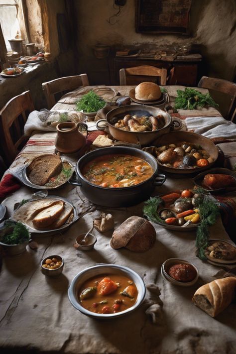 A rustic table set with various bowls of hearty soup, bread, and vegetables in a cozy kitchen. Cozy Home Cooked Meals, Swedish Comfort Food, Cozy Family Dinner Aesthetic, Cozy Romantic Aesthetic, Cozy Soup Aesthetic, Fall Meal Aesthetic, Fall Meals For Two, Cozy Autumn Kitchen, Cozy Cooking Aesthetic