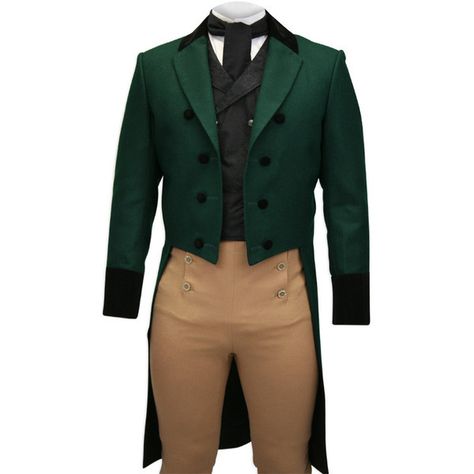 Regency Tailcoat Hunter Green with Velvet Trim ($230) ❤ liked on Polyvore featuring costume, men, regency and coats Fancy Outfit, Regency Era Fashion, Regency Dress, Regency Fashion, 19th Century Fashion, Period Outfit, Victorian Clothing, Historical Costume, Fancy Outfits