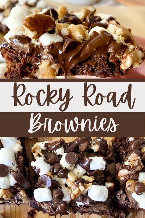 Rocky Road Desserts, Rocky Road Dessert Recipes, Brownie Toppings Ideas, Rocky Road Brownies From Box Cake Mixes, Fun Brownie Recipes, Christmas Brownies Ideas, Gooey Dark Chocolate Brownies, Marshmallow Fudge Brownies, Rocky Road Squares