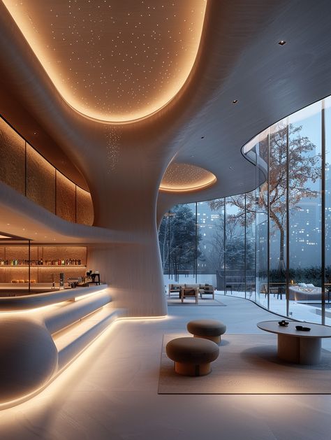 Elegant Zen-Inspired Coffee Shop by Zaha Hadid Zaha Hadid Aesthetic, Zaha Hadid Interior Design, Minimal Cafe Design, Futuristic Cafe, Concept Coffee Shop, Zaha Hadid Interior, Minimal Cafe, Zaha Hadid Design, Inspirational Digital Art